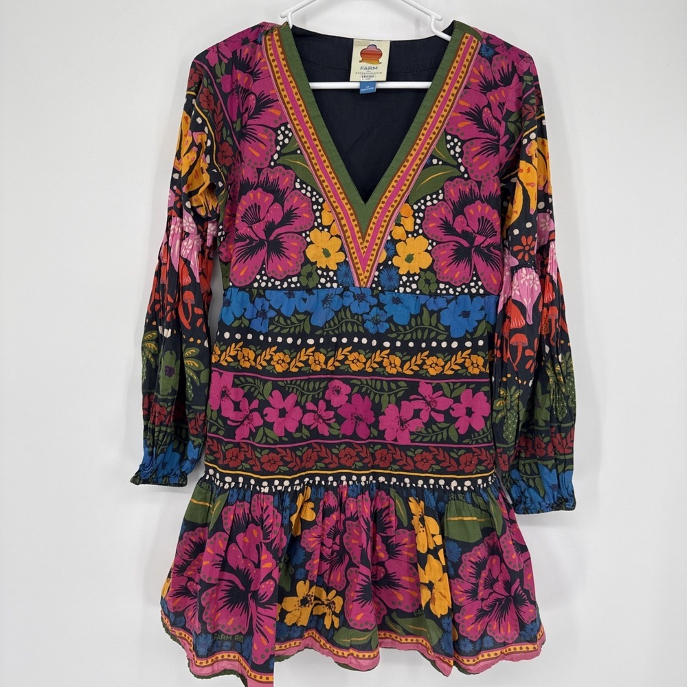 Farm Rio Anthropologie‎ Floral Mini Dress Cotton Boho Puff Sleeve Womens XS